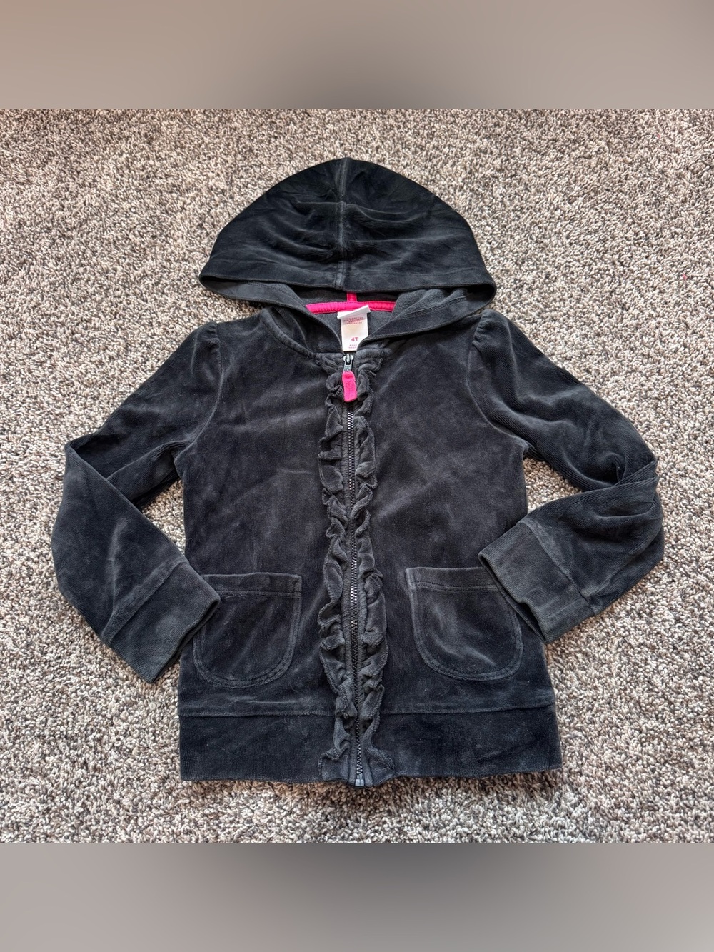 Black Velvet Hooded Zip-Up Sweatshirt with Ruffle Trim